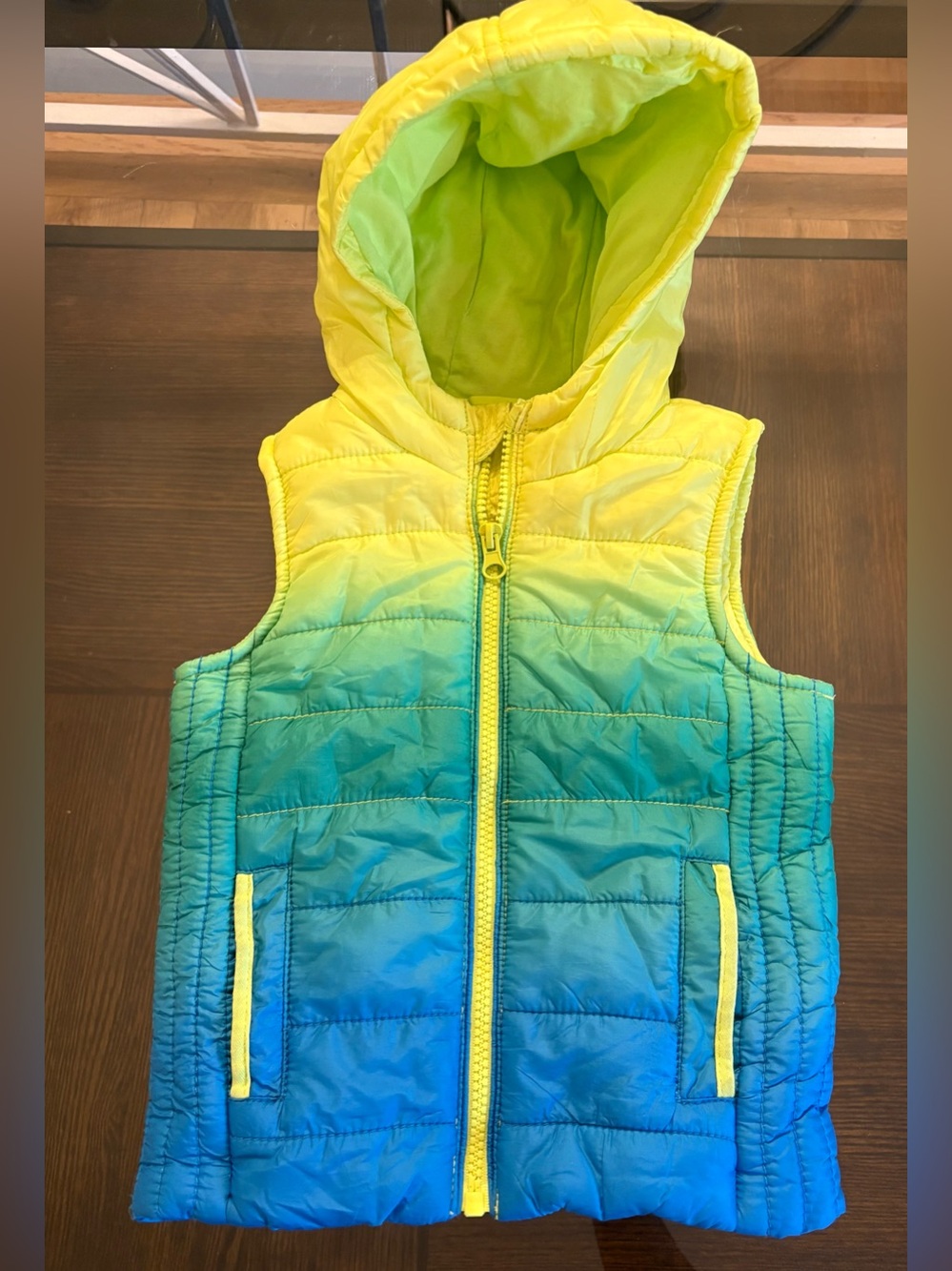 LC Waikiki Boys Hooded Puffer Vest 12-18 Months Yellow Blue Green Zip Pockets